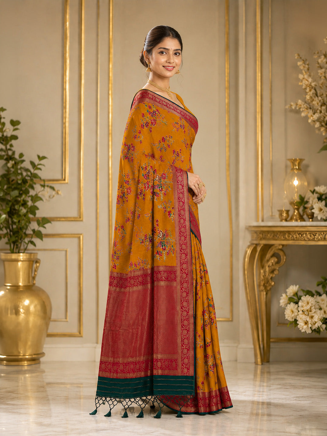Mustard Embroidered Art Silk Saree