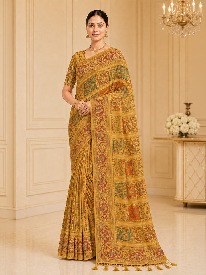 Mustard Printed Art Silk Saree