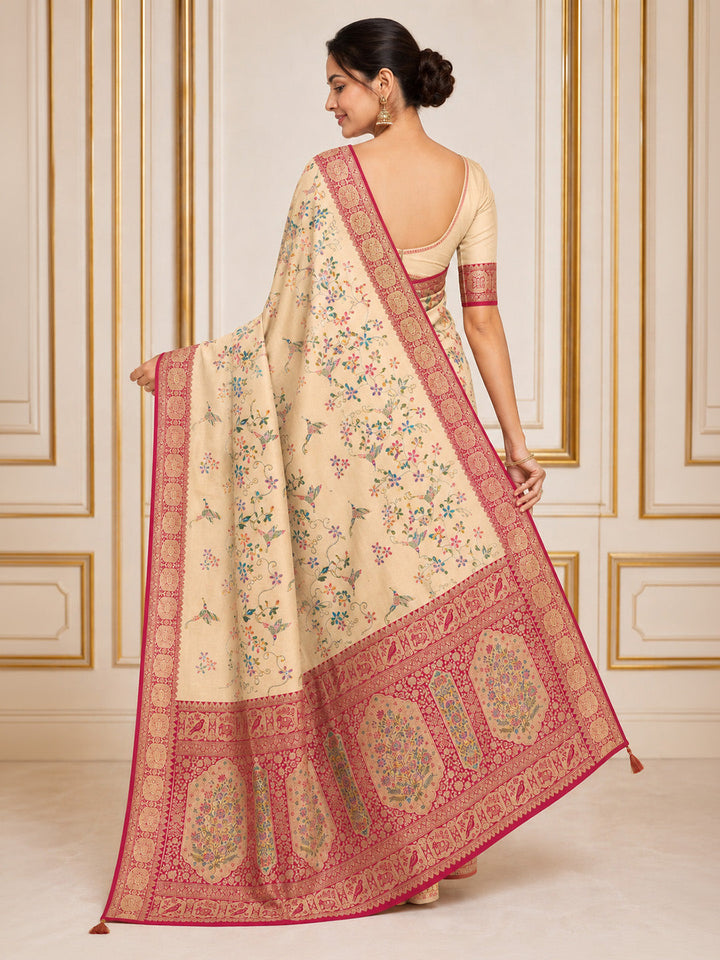 Off White Embroidered Art Silk Saree