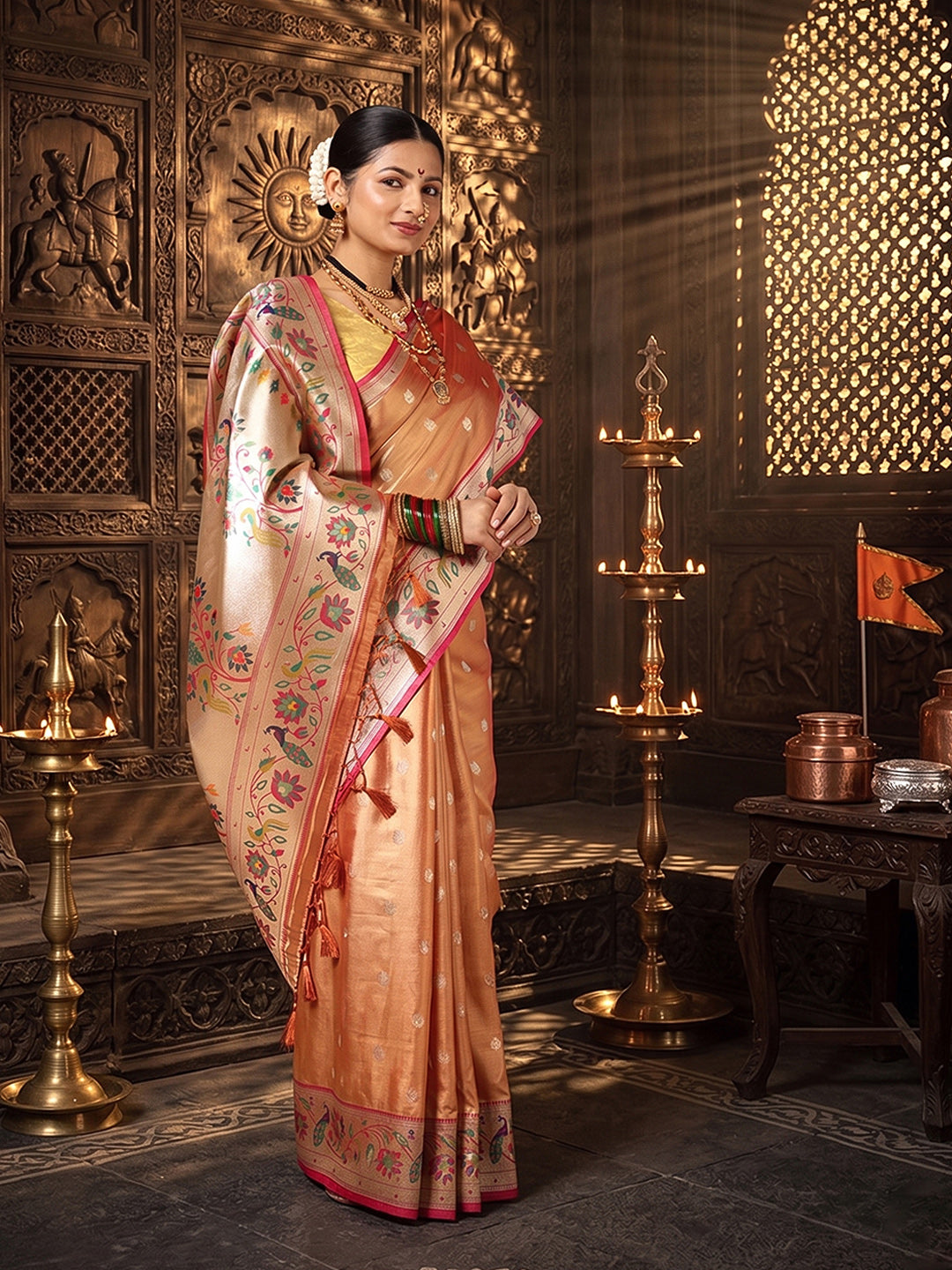 Orange Woven Design Viscoris Saree