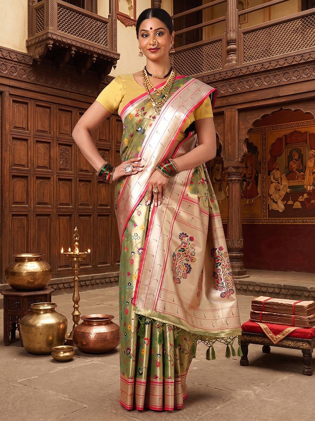 Green Woven Design Viscoris Saree