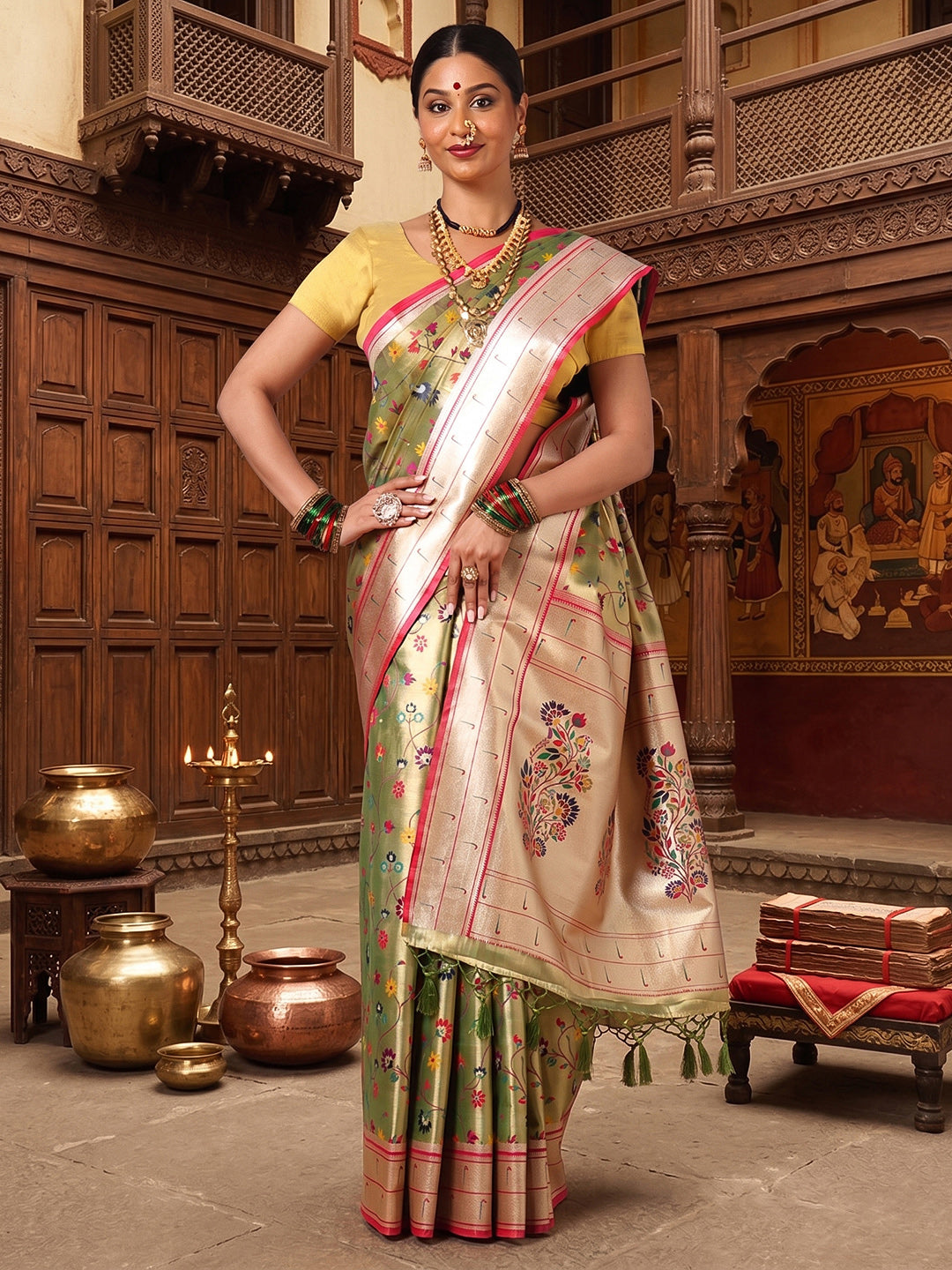 Green Woven Design Viscoris Saree