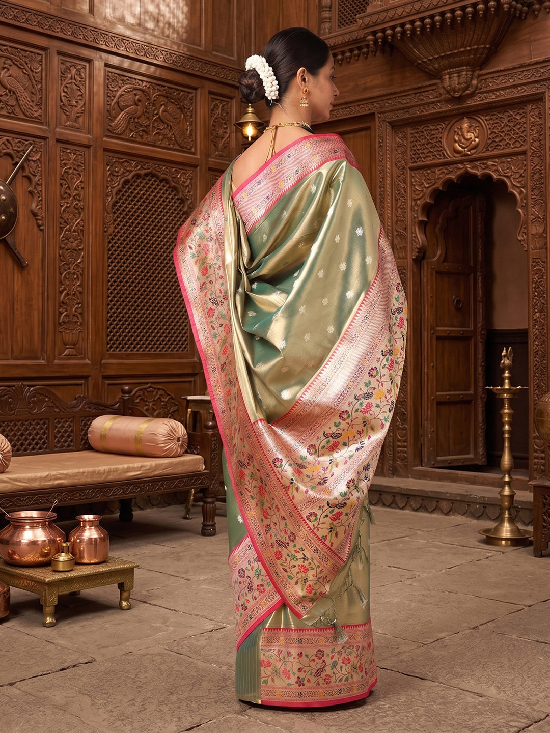 Green Woven Design Viscoris Saree