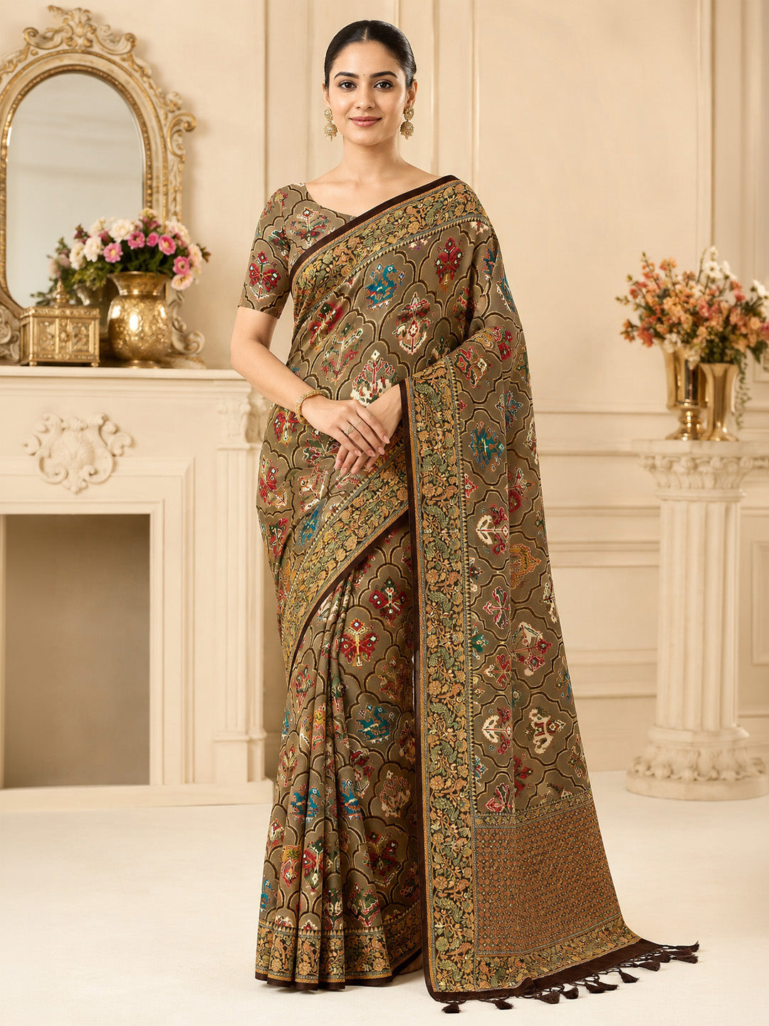 Brown Printed Art Silk Saree