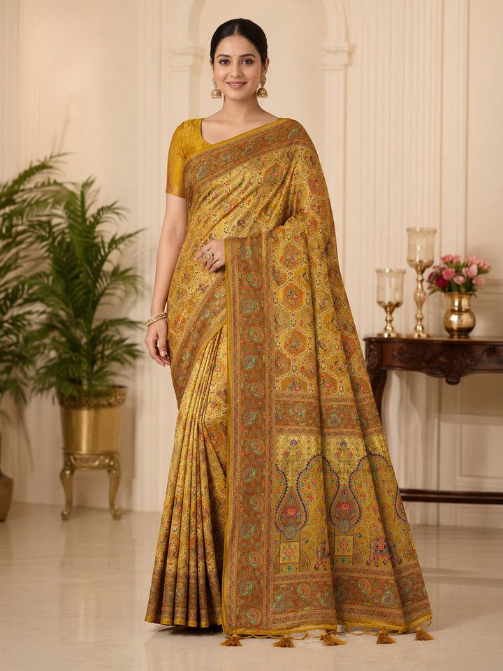 Mustard Printed Art Silk Saree