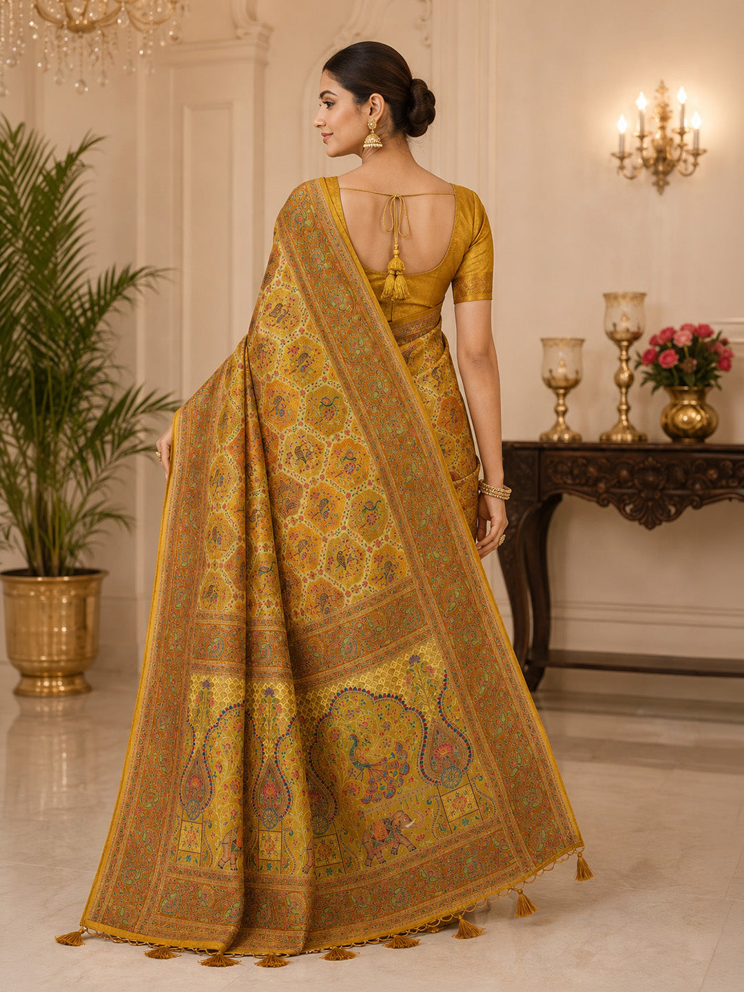 Mustard Printed Art Silk Saree