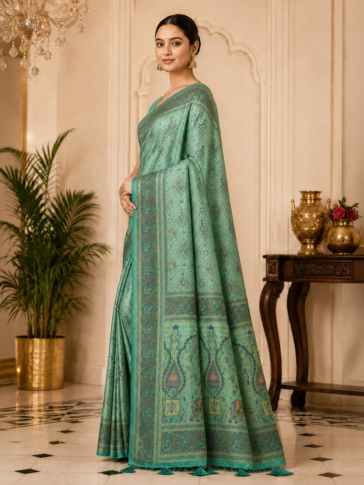 Sea Green Printed Art Silk Saree