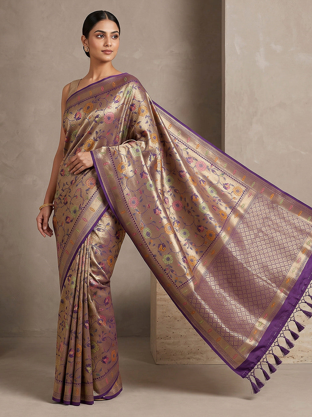 Purple Art Silk Printed Saree