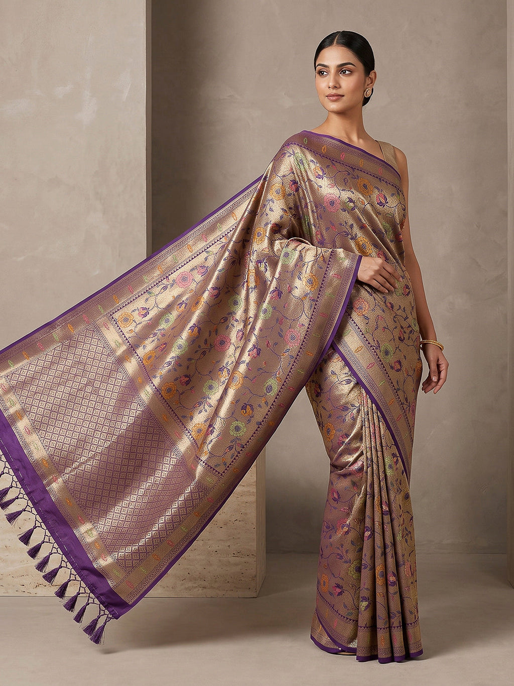 Purple Art Silk Printed Saree