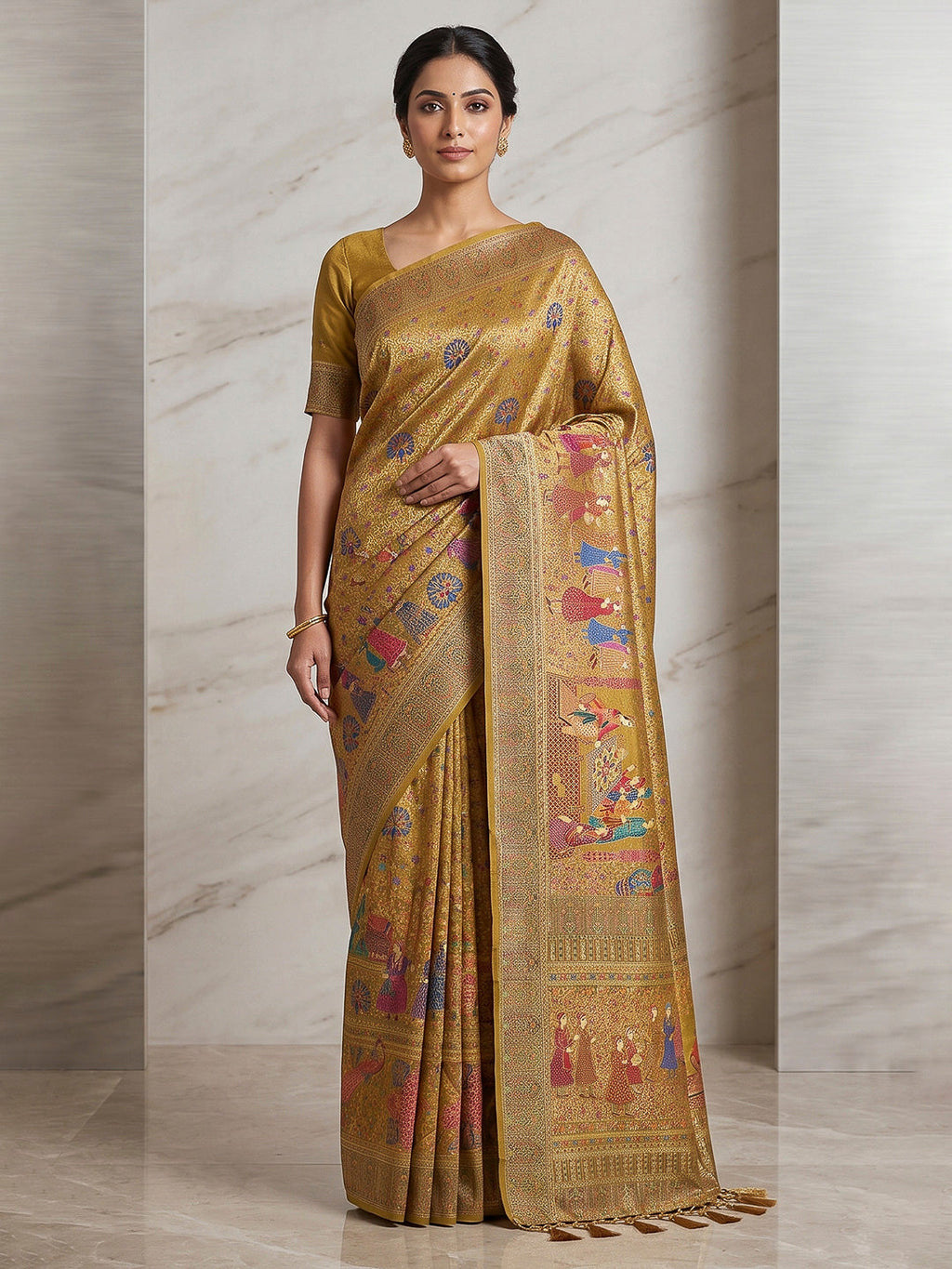 Mustard Art Silk Printed Saree