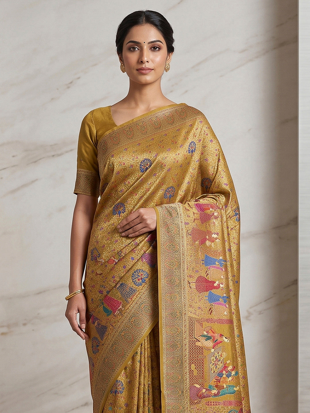 Mustard Art Silk Printed Saree