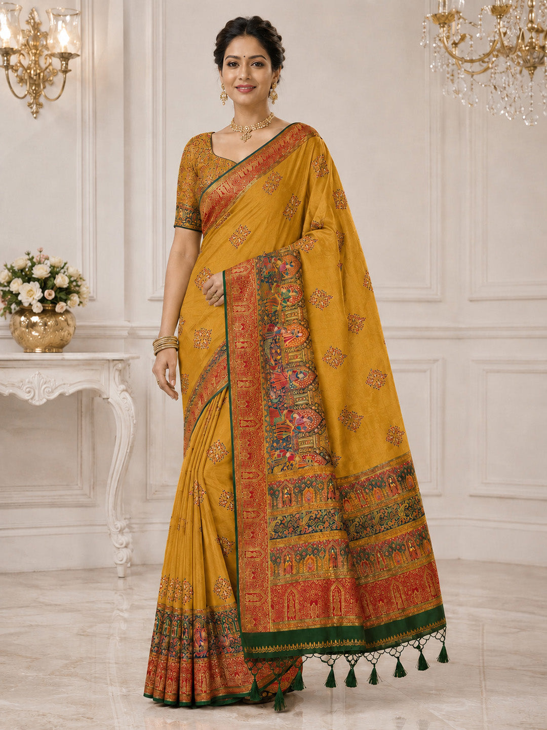 Mustard Embroidered Art Silk Saree