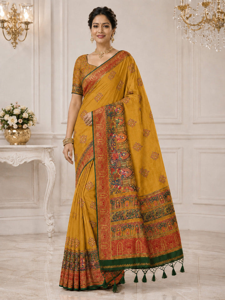 Mustard Embroidered Art Silk Saree