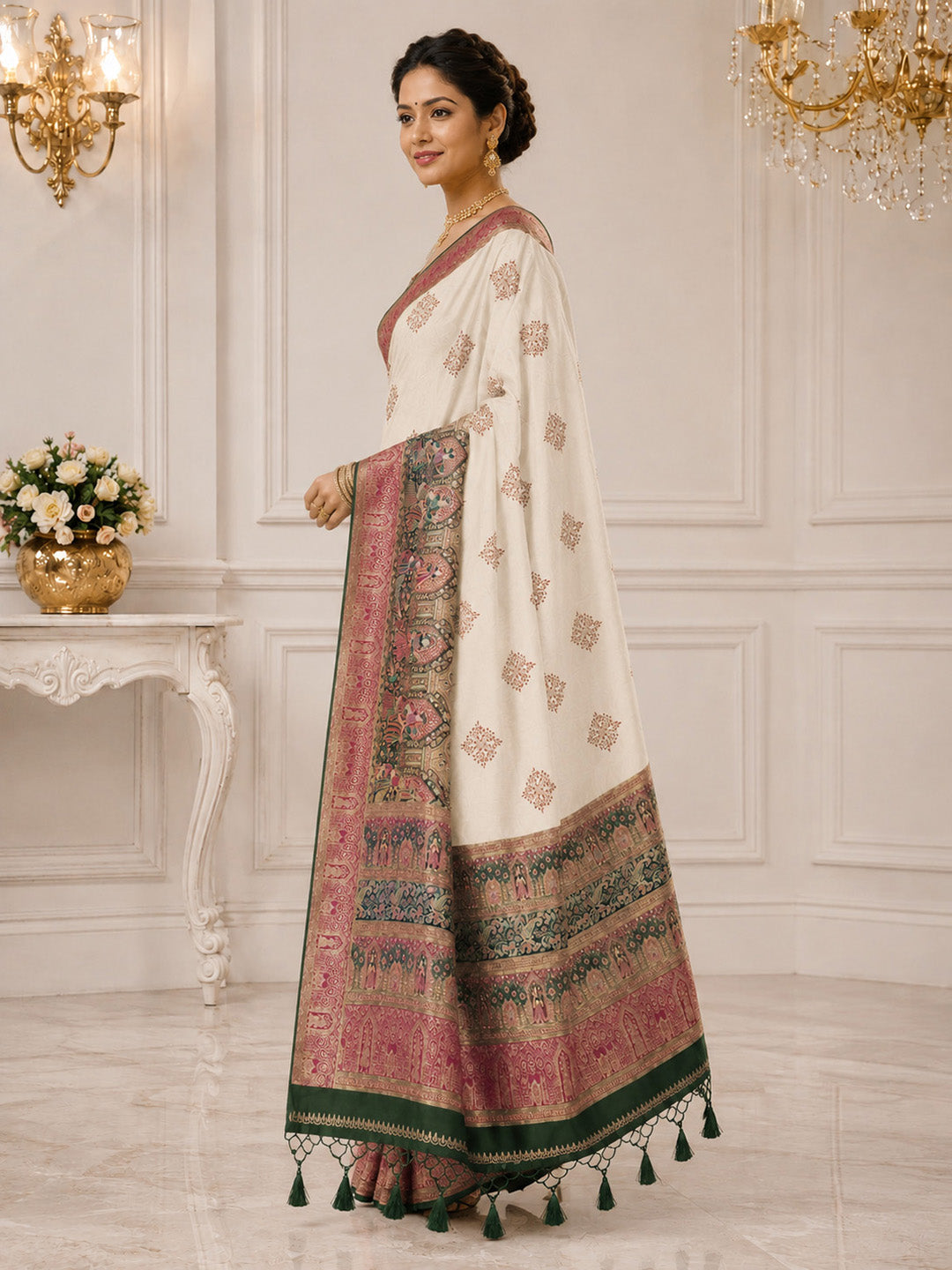 Off White Embroidered Art Silk Saree