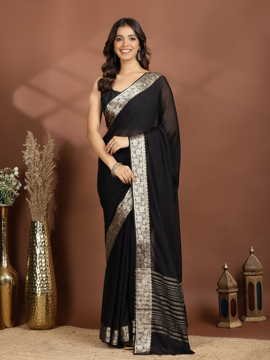Black Zari Work Chiffon Saree
