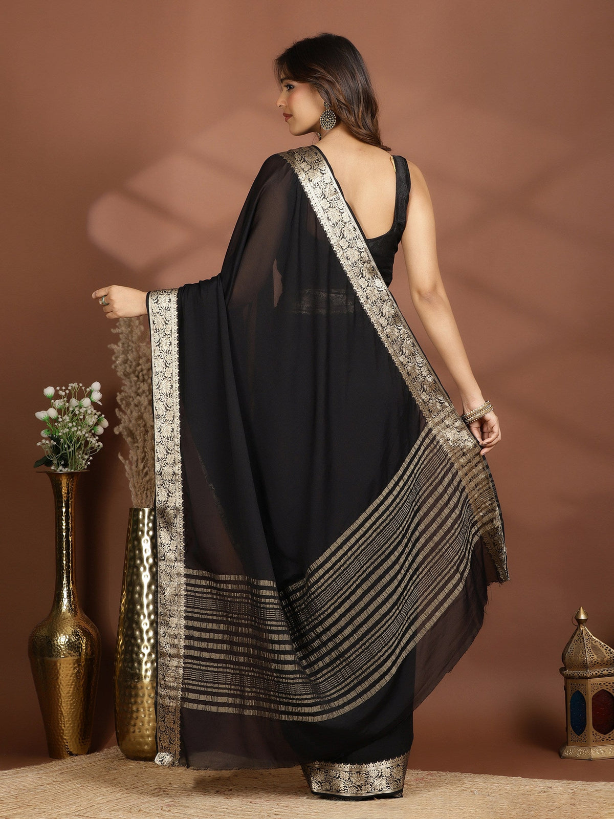 Black Zari Work Chiffon Saree