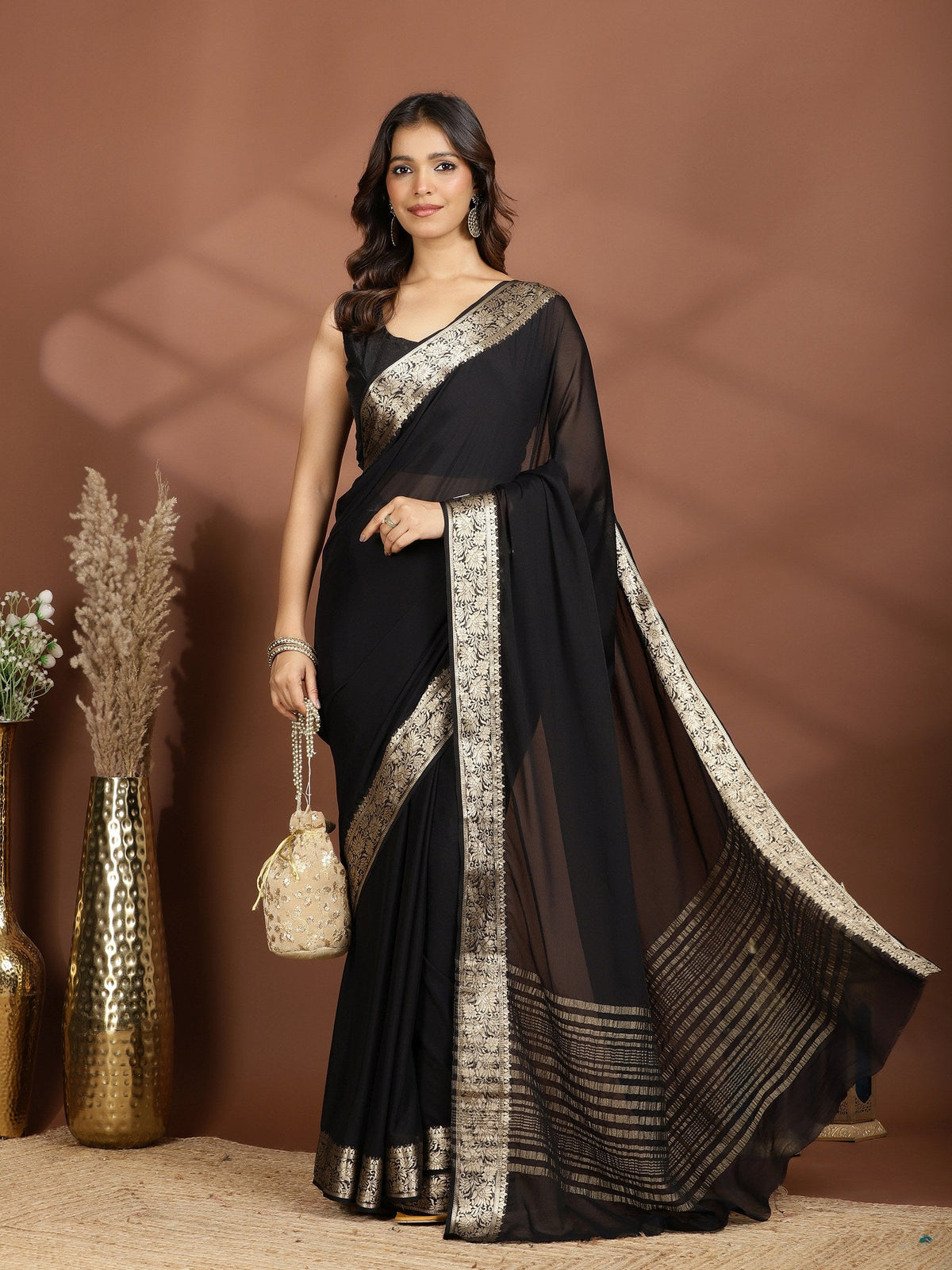 Black Zari Work Chiffon Saree