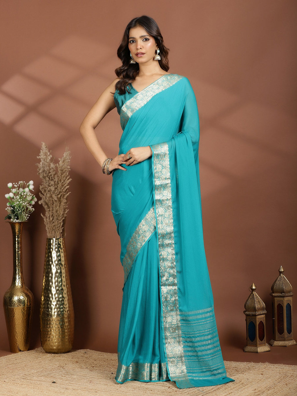 Firozee Zari Work Chiffon Saree