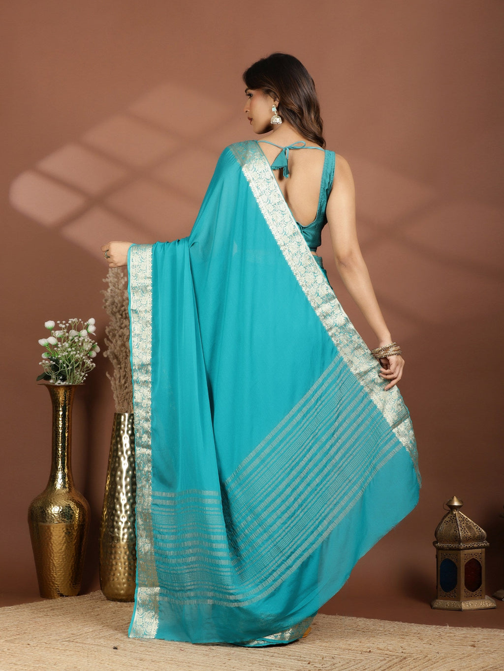 Firozee Zari Work Chiffon Saree