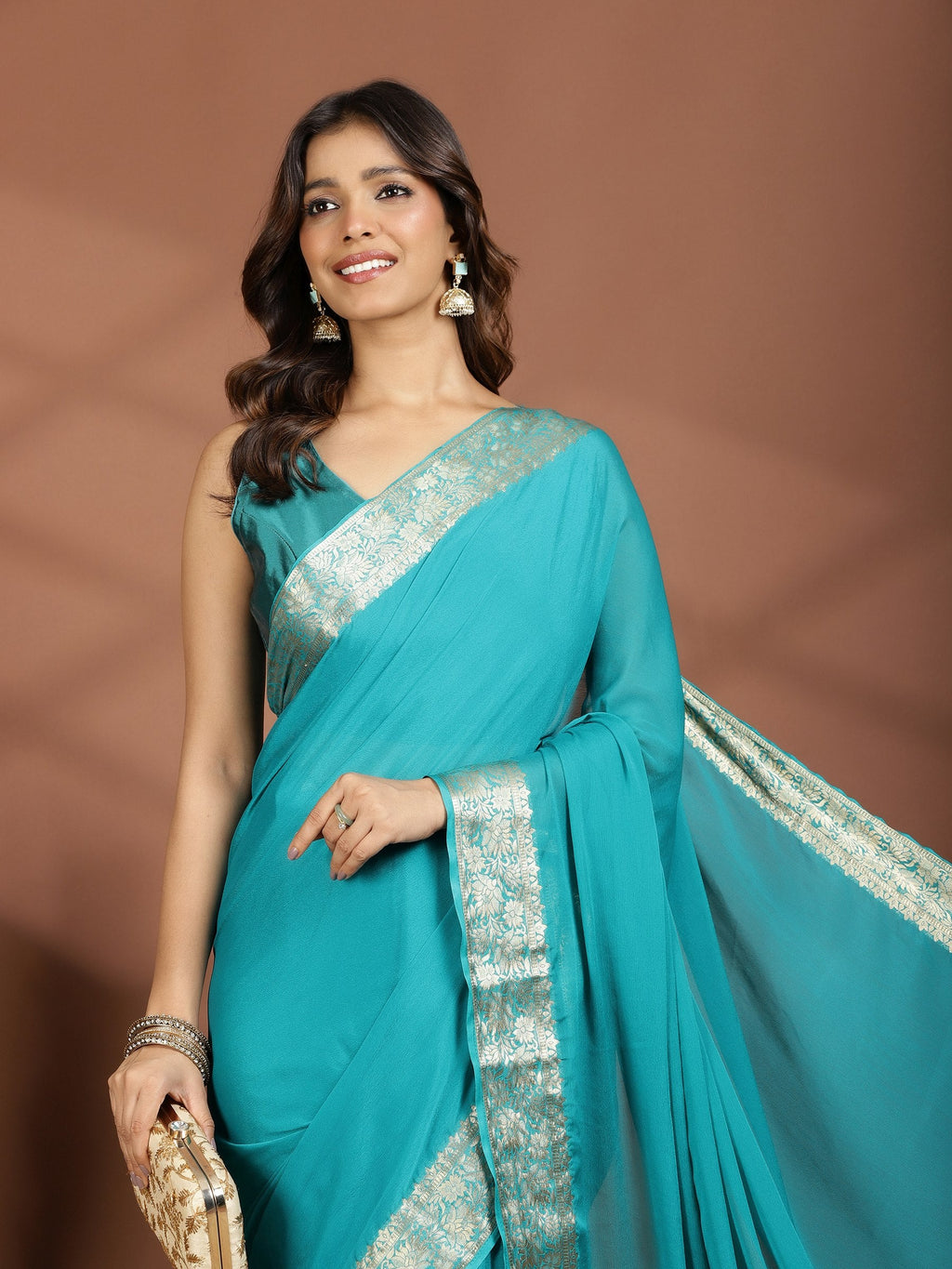 Firozee Zari Work Chiffon Saree