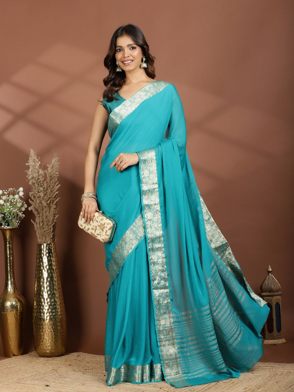 Firozee Zari Work Chiffon Saree