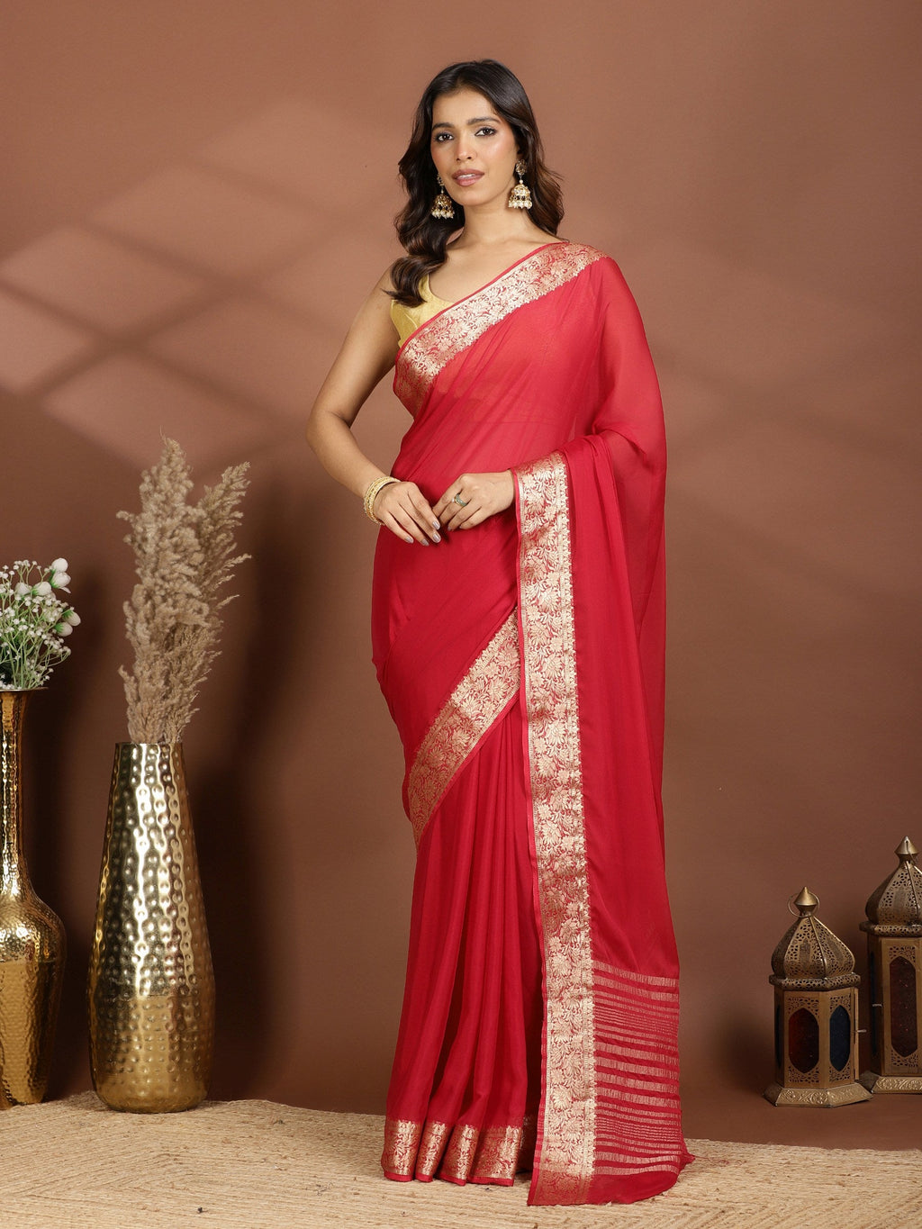 Maroon Zari Work Chiffon Saree