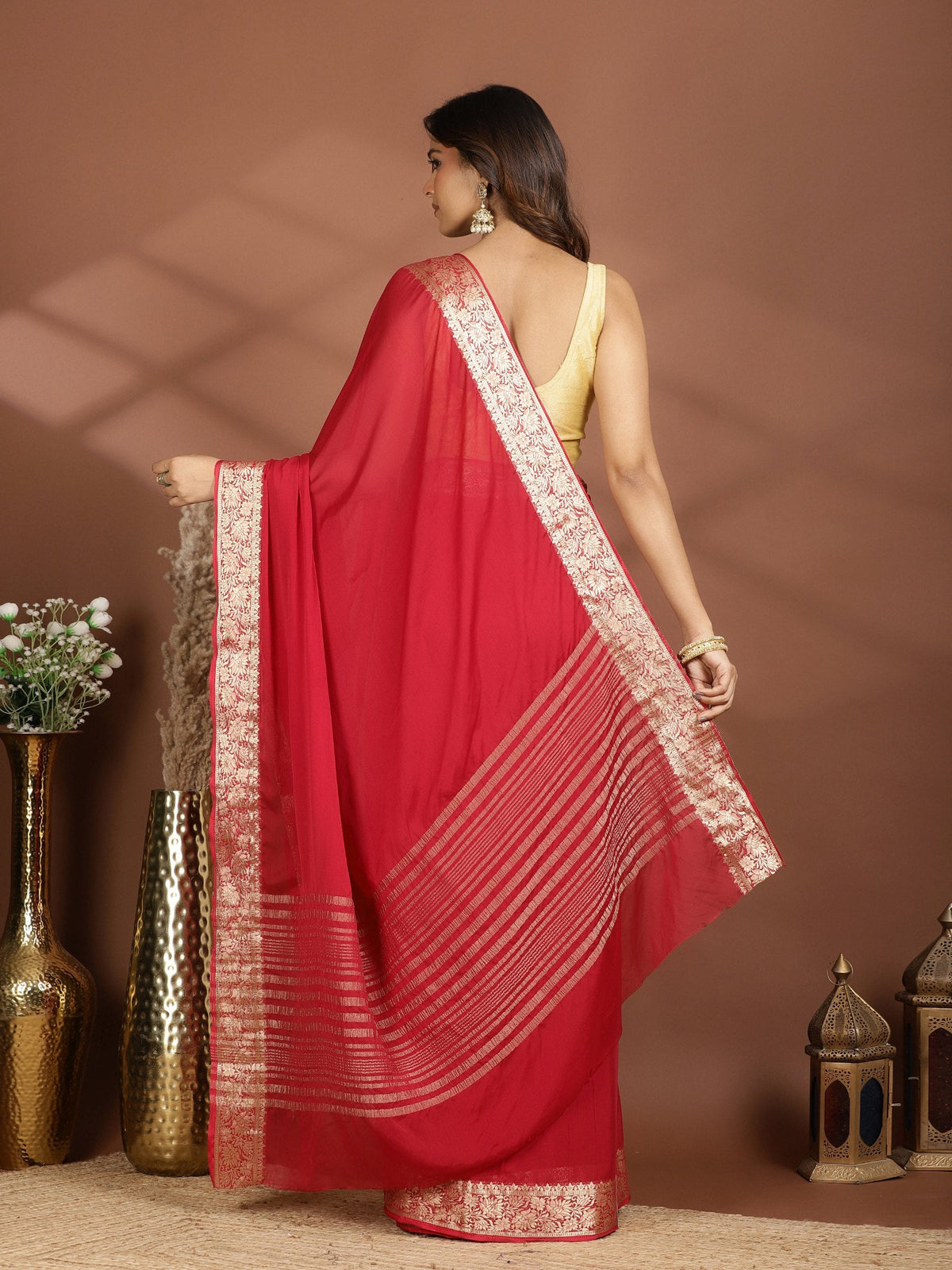 Maroon Zari Work Chiffon Saree