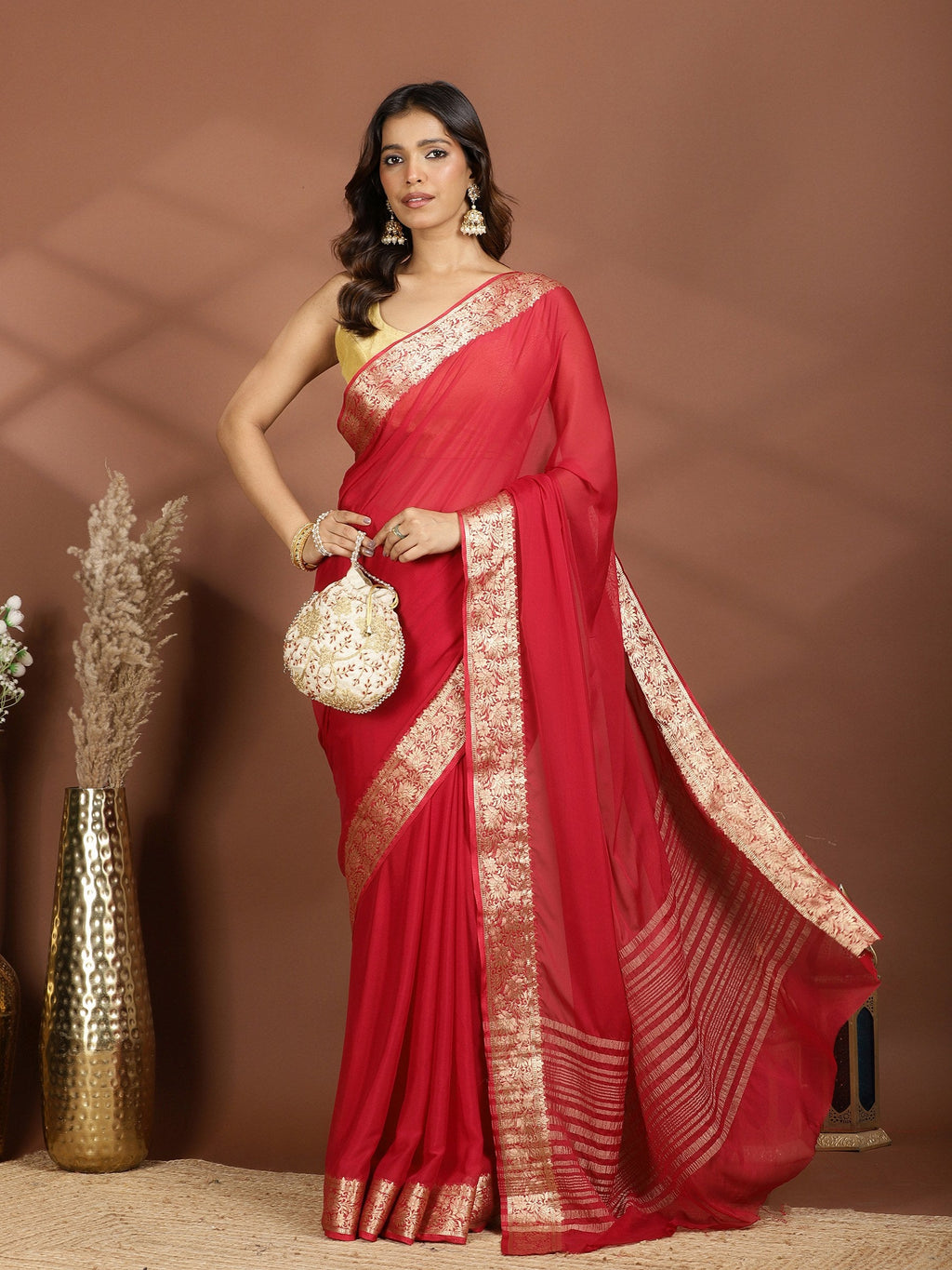 Maroon Zari Work Chiffon Saree