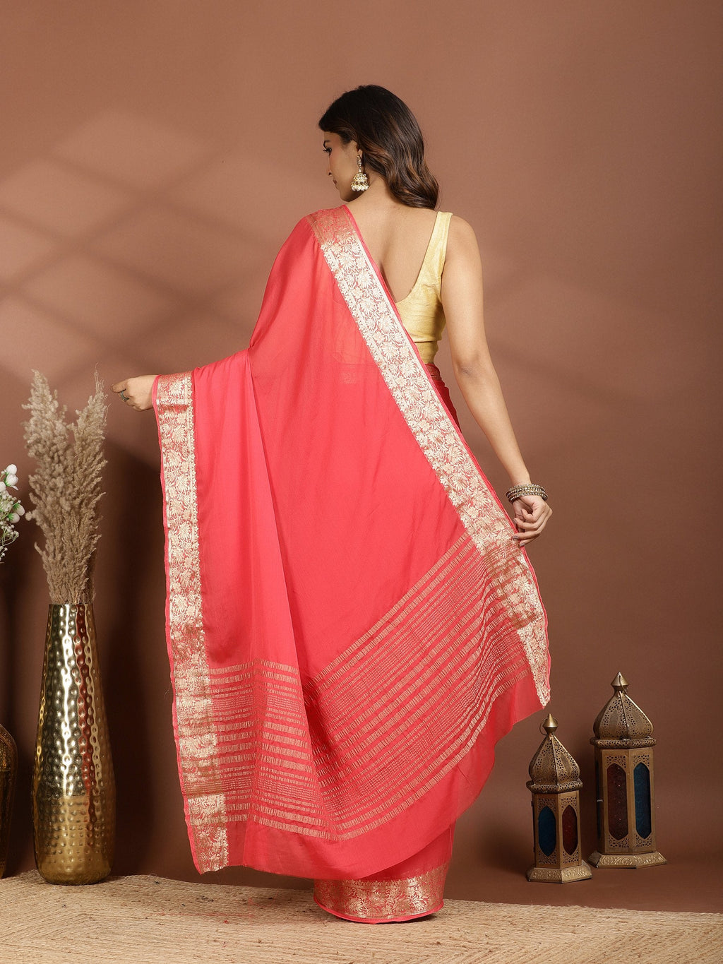 Peach Zari Work Chiffon Saree