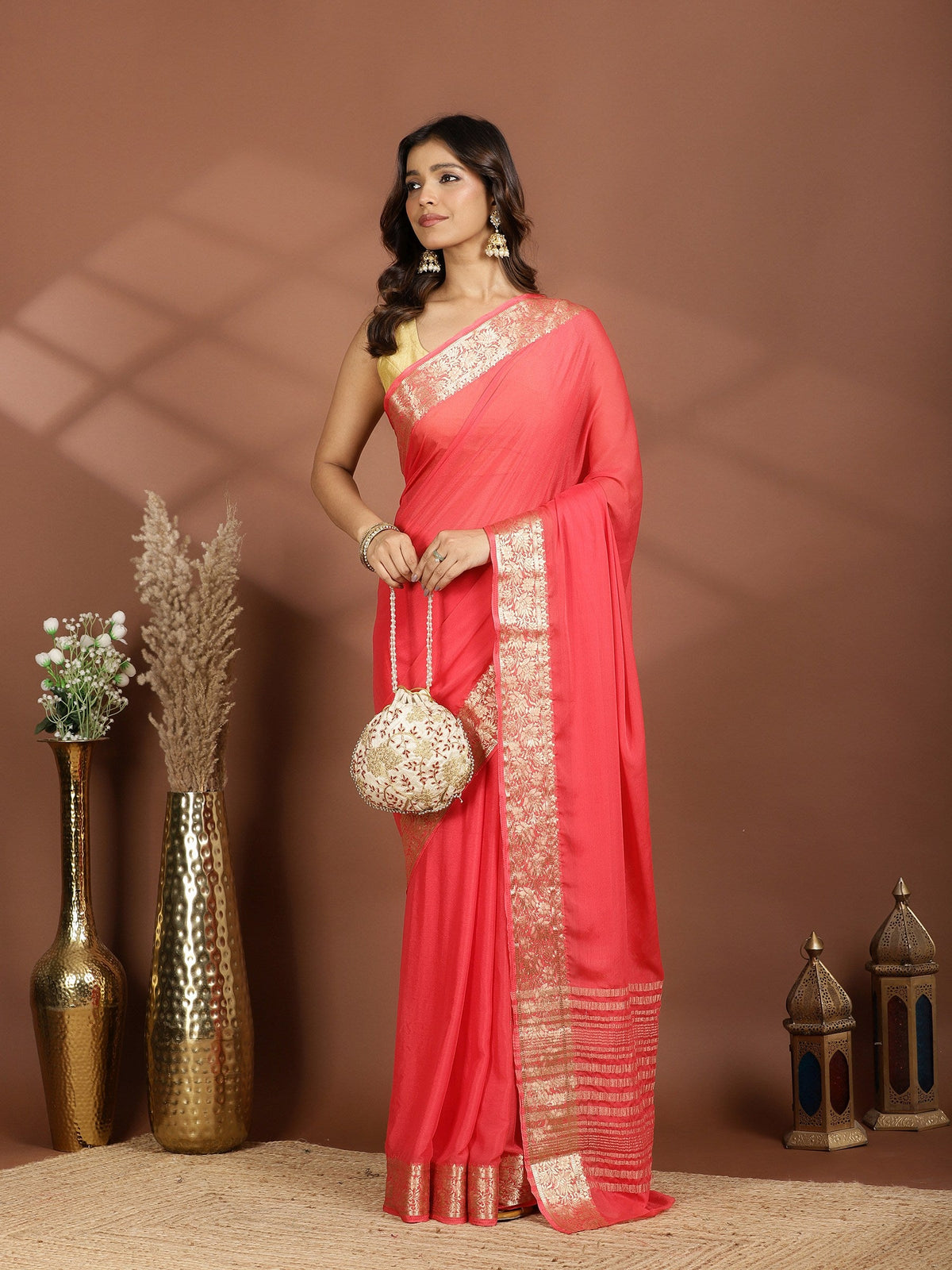 Peach Zari Work Chiffon Saree