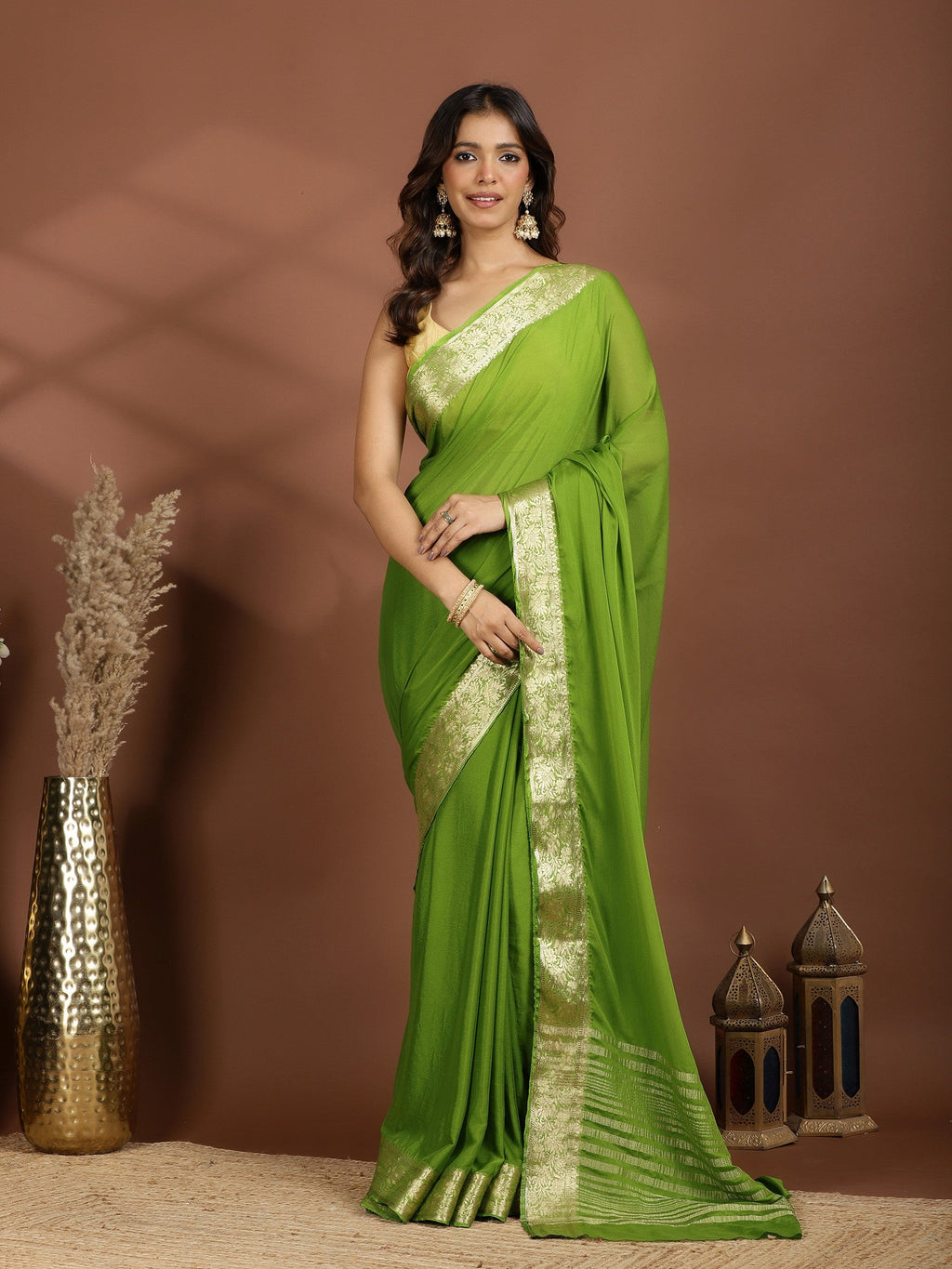 Pista Green Zari Work Chiffon Saree