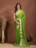 Pista Green Zari Work Chiffon Saree