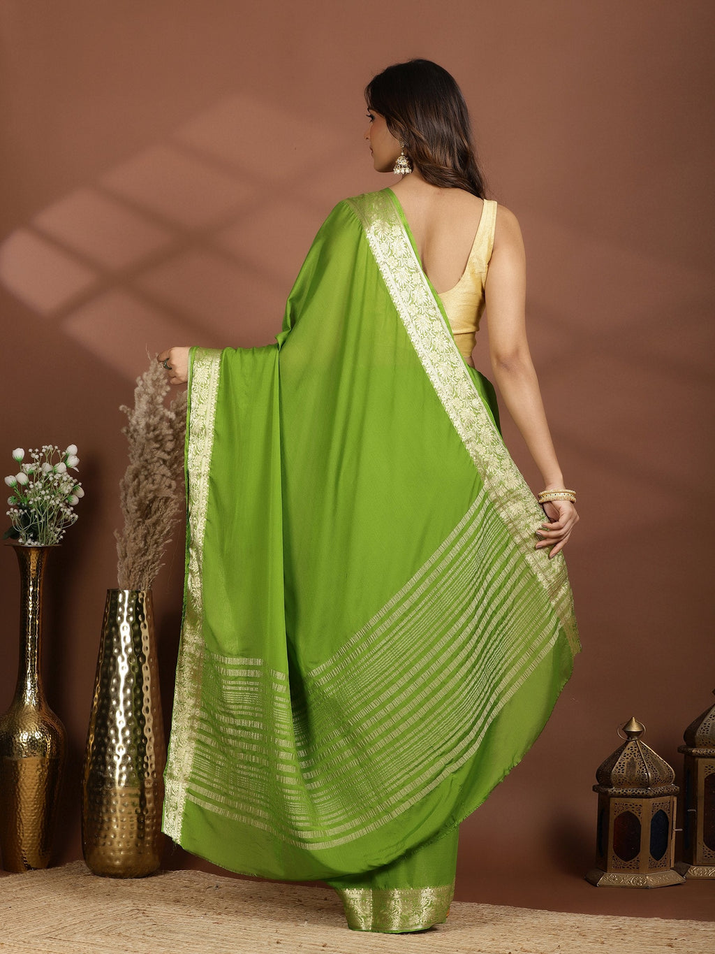 Pista Green Zari Work Chiffon Saree