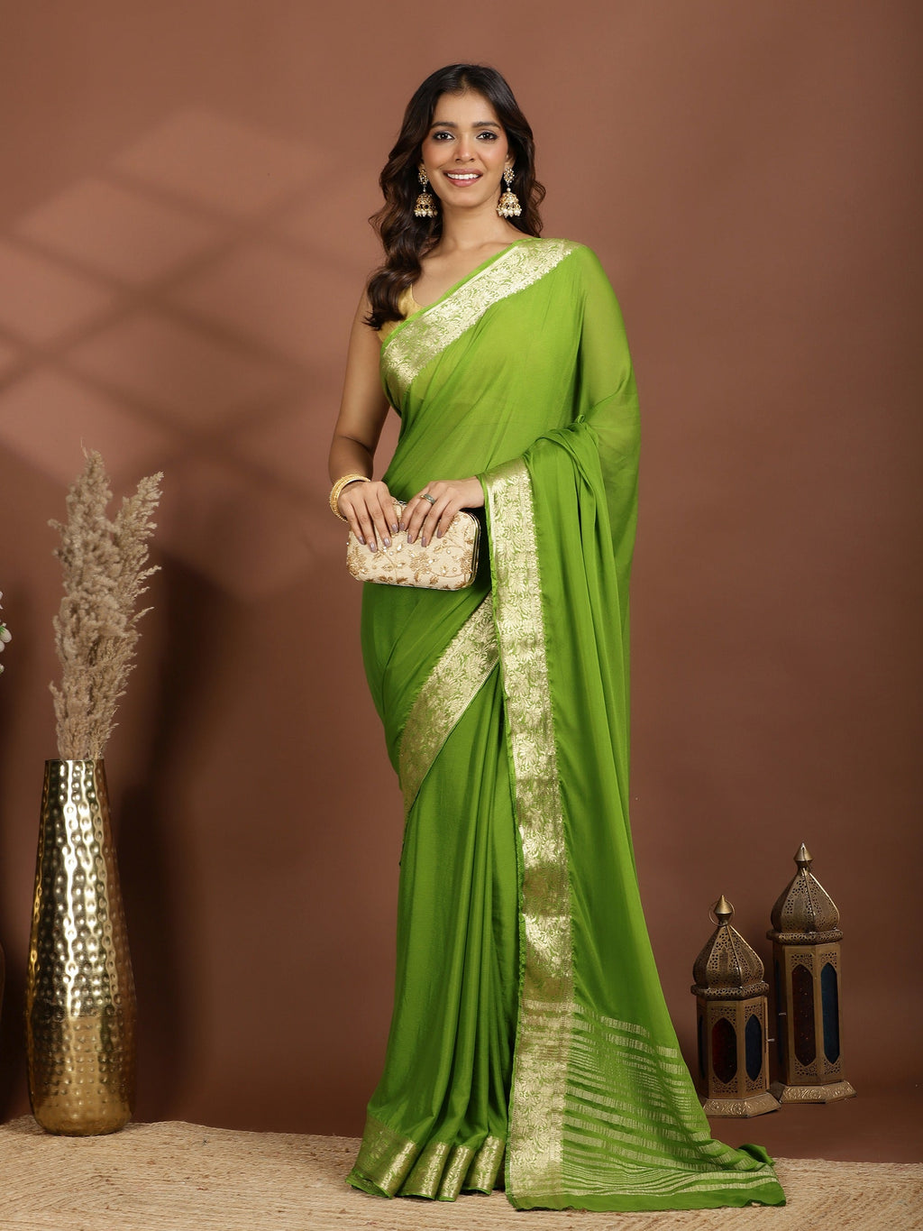 Pista Green Zari Work Chiffon Saree
