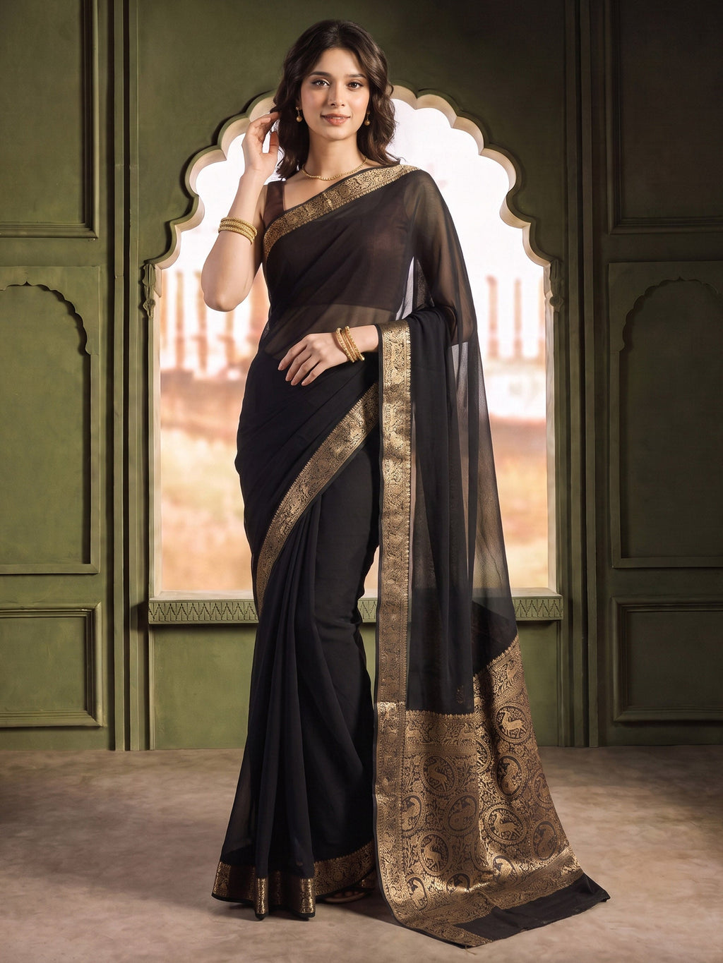 Black Plain Chiffon Saree