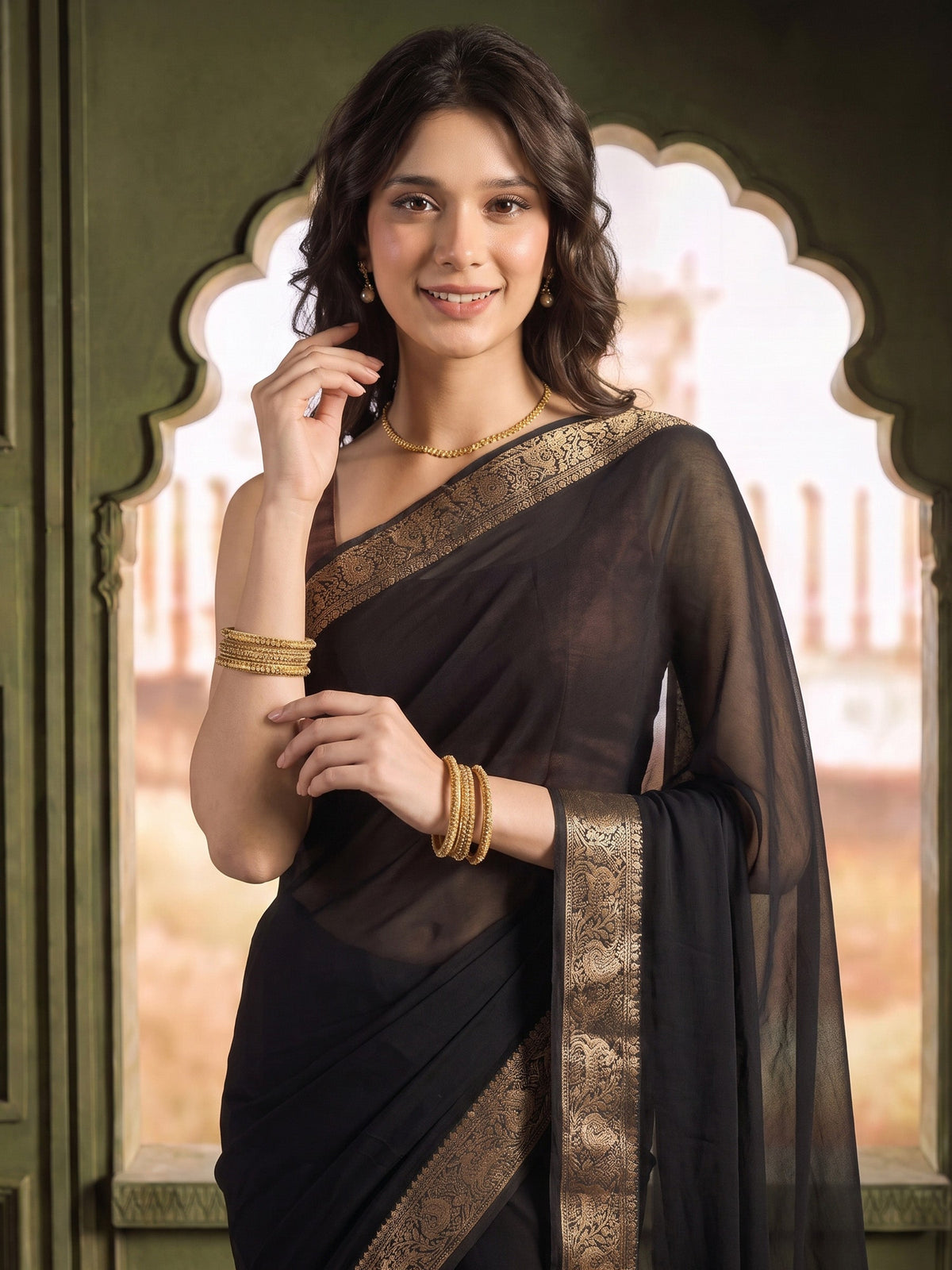Black Plain Chiffon Saree