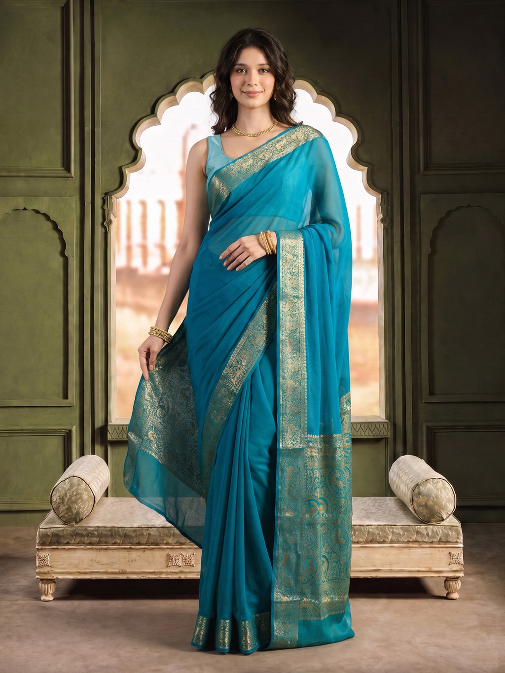 Firozee Plain Chiffon Saree