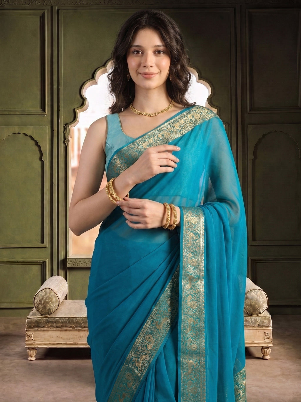 Firozee Plain Chiffon Saree