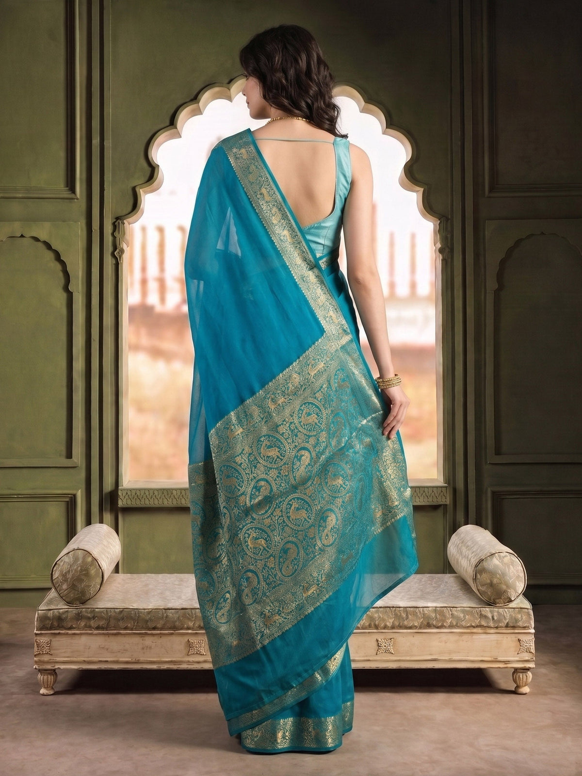 Firozee Plain Chiffon Saree