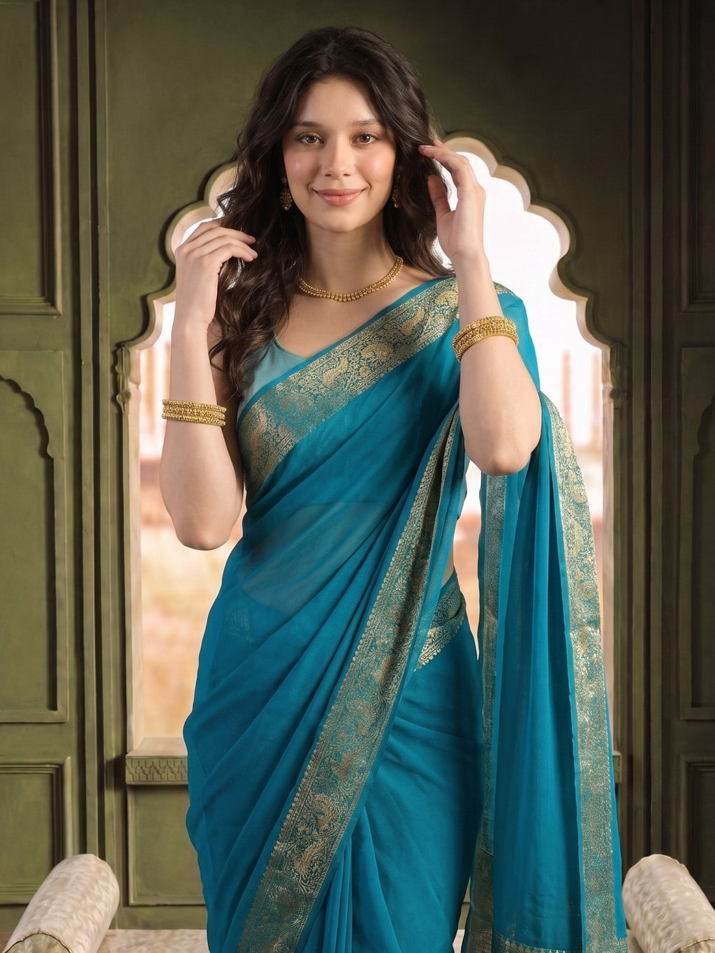 Firozee Plain Chiffon Saree
