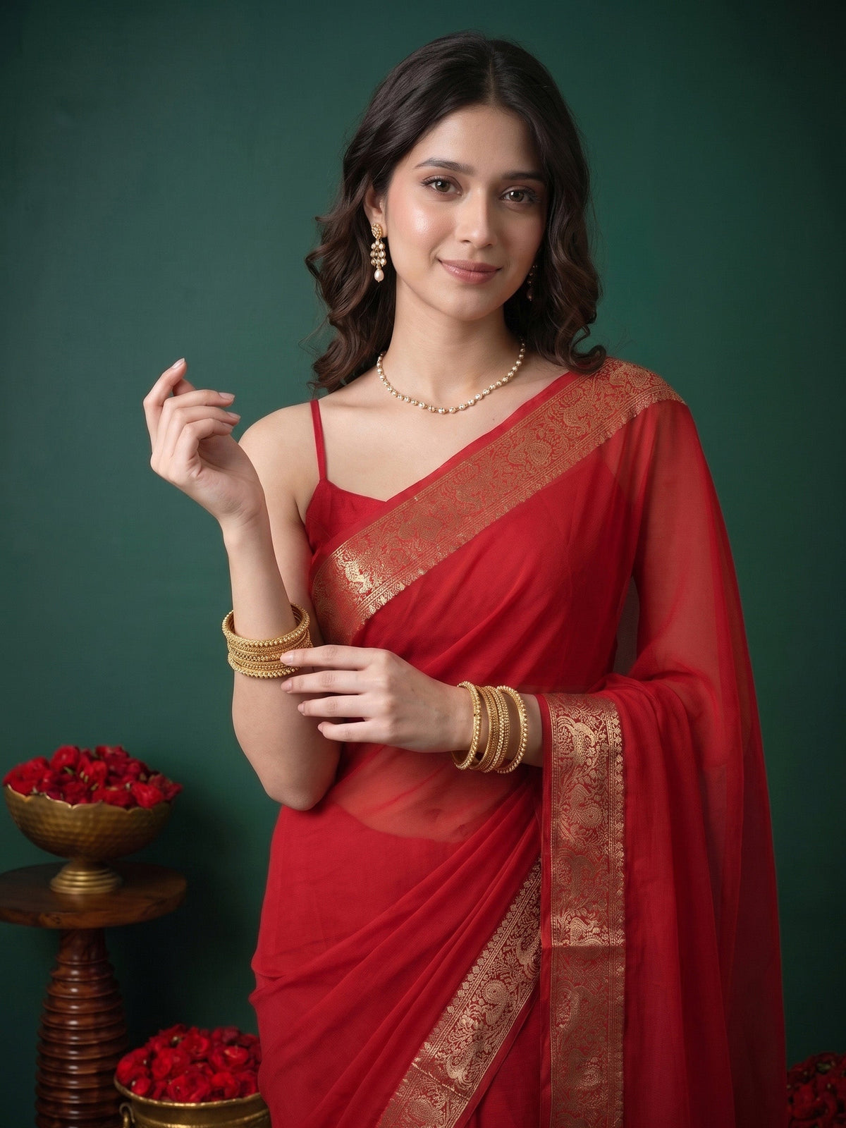 Hot Pink Plain Chiffon Saree