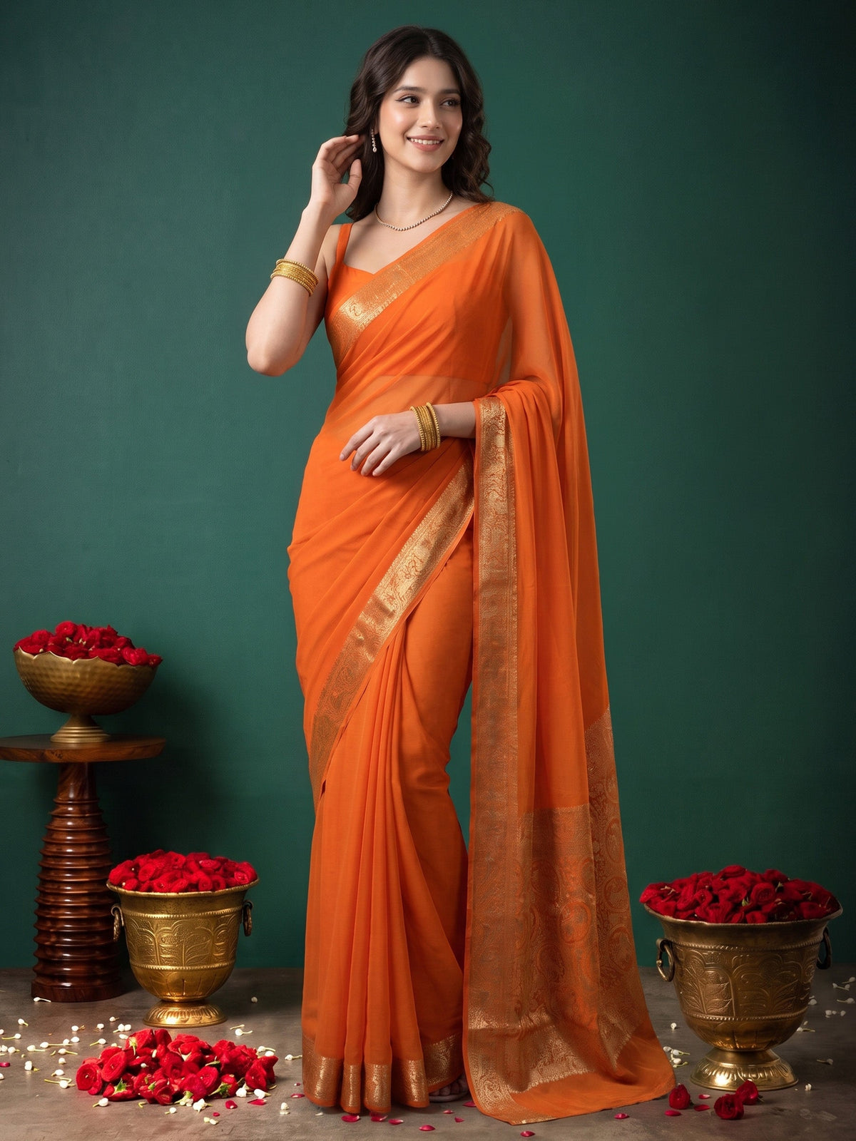 Mustard Plain Chiffon Saree