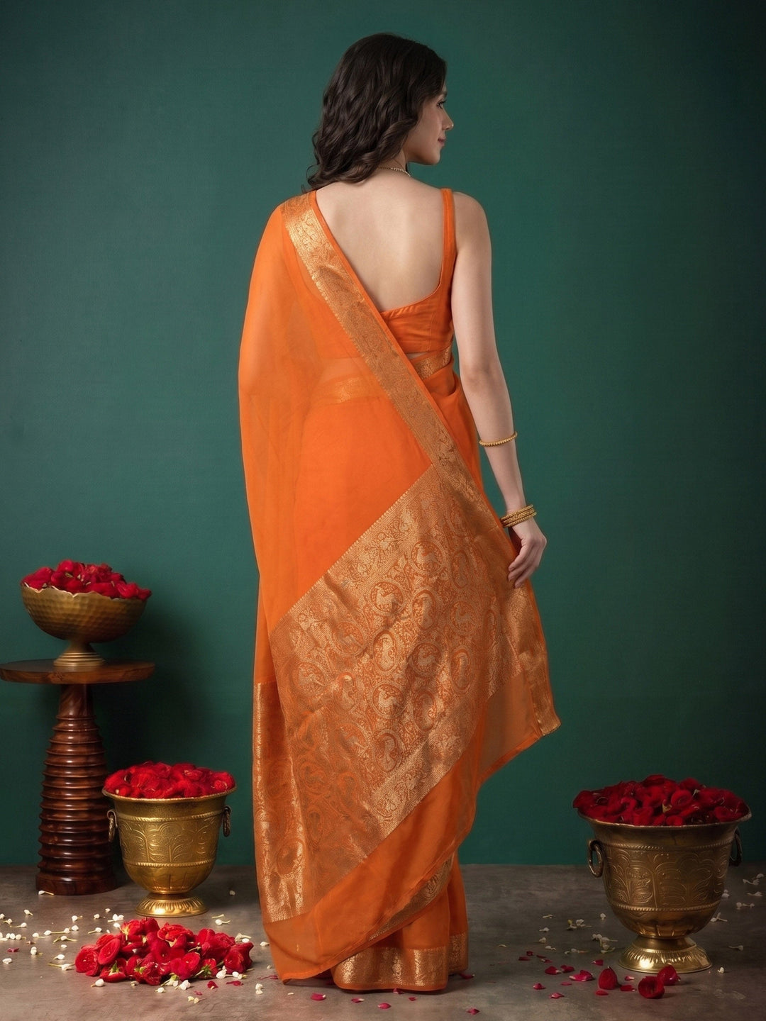 Mustard Plain Chiffon Saree