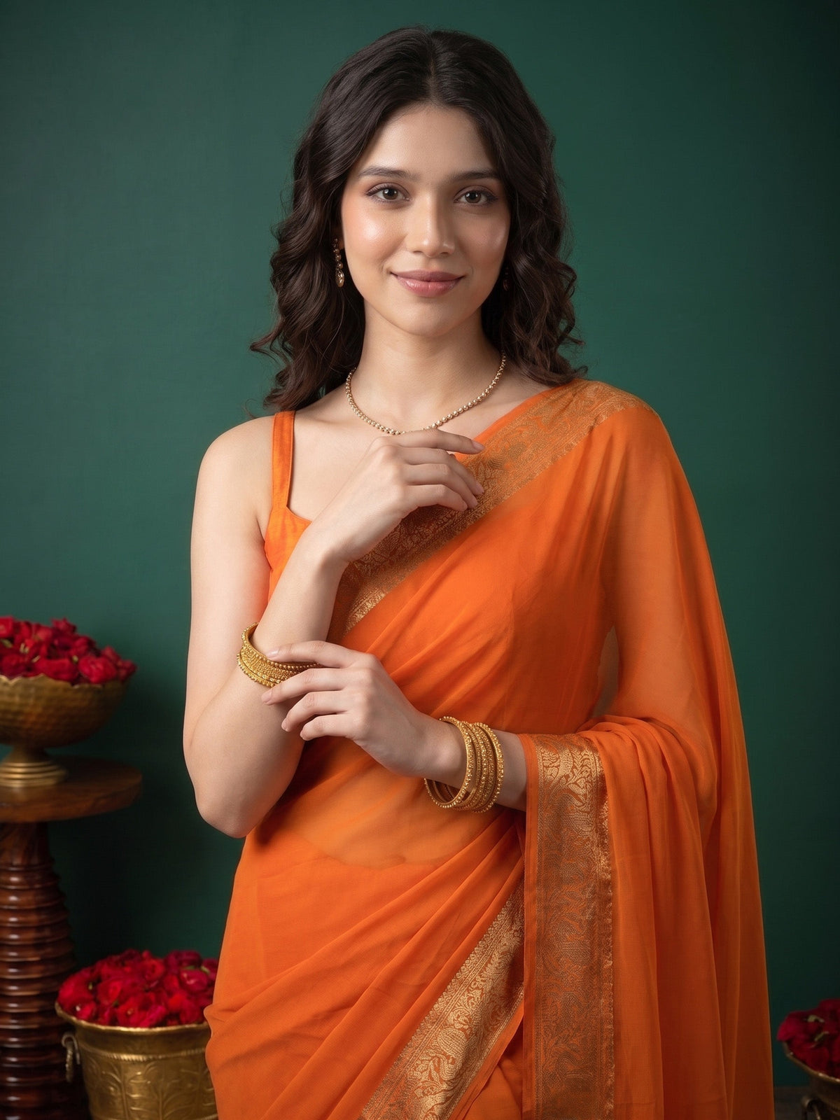 Mustard Plain Chiffon Saree
