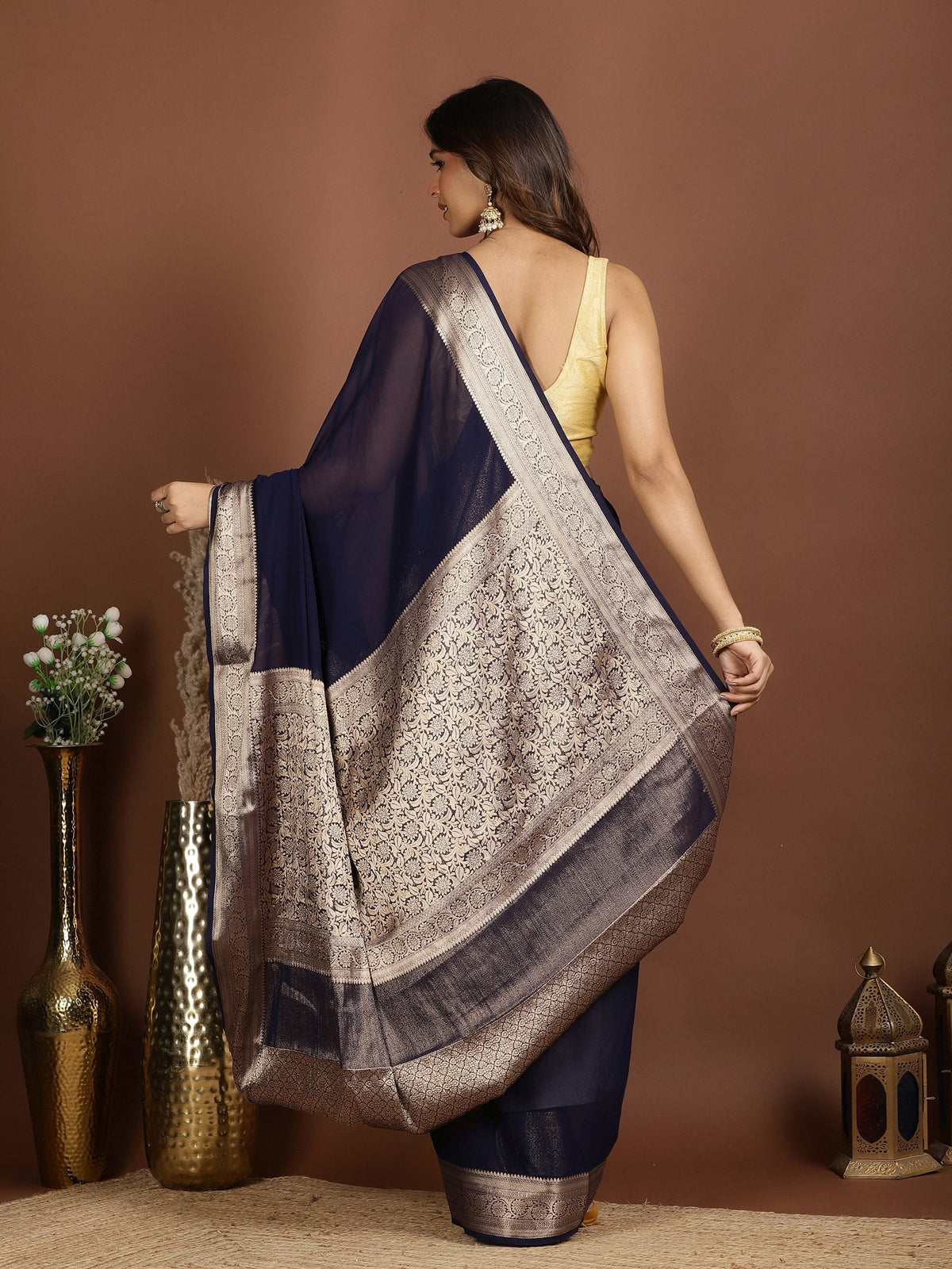 Navy Blue Zari Work Chiffon Saree