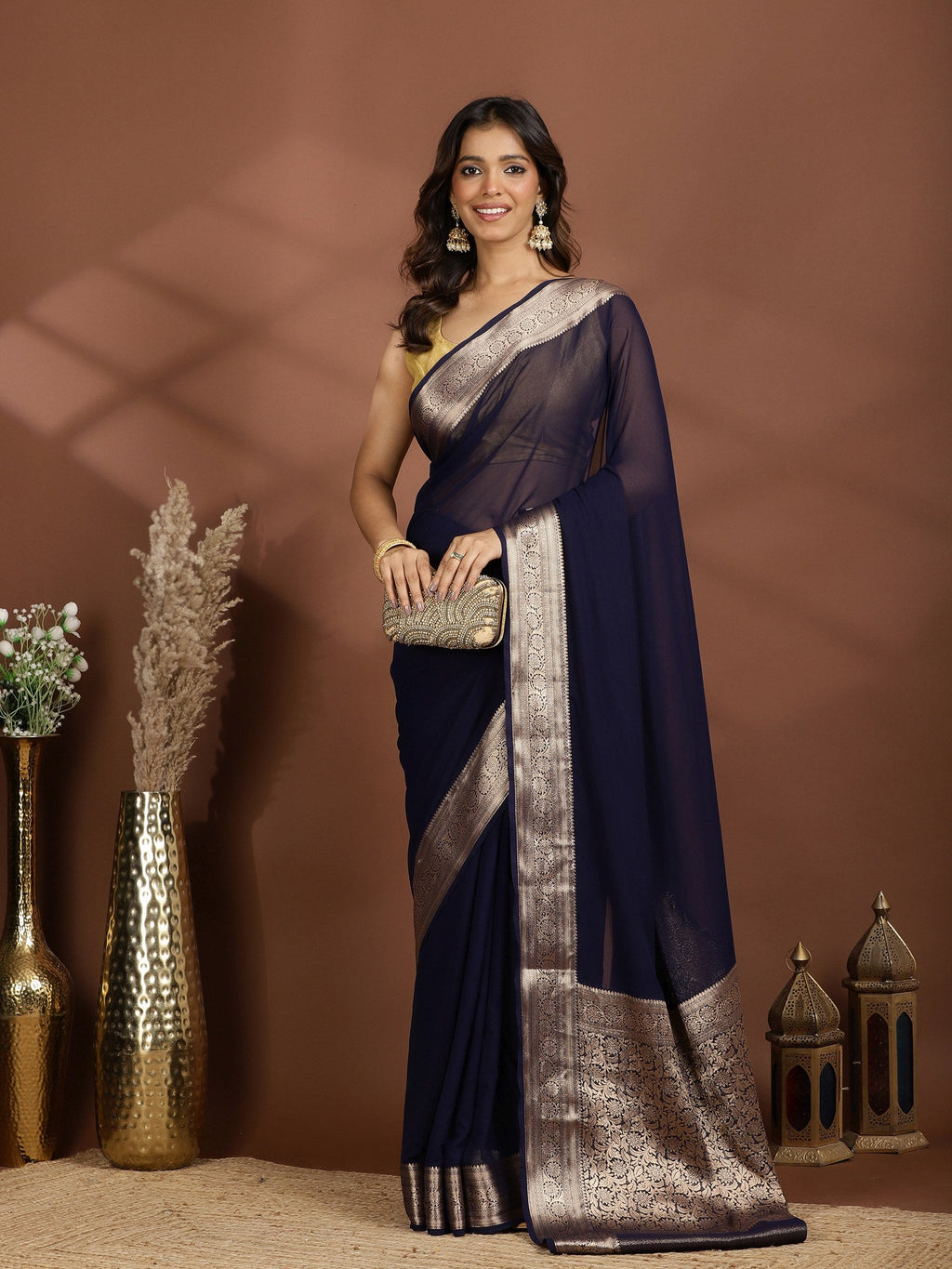 Navy Blue Zari Work Chiffon Saree
