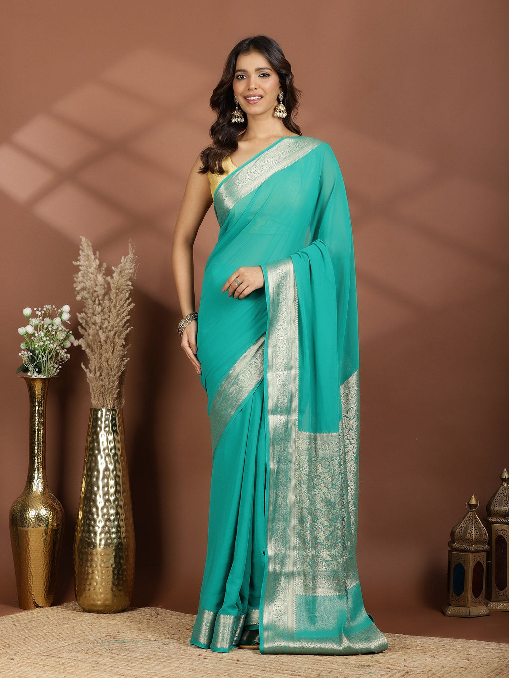 Rama Green Zari Work Chiffon Saree