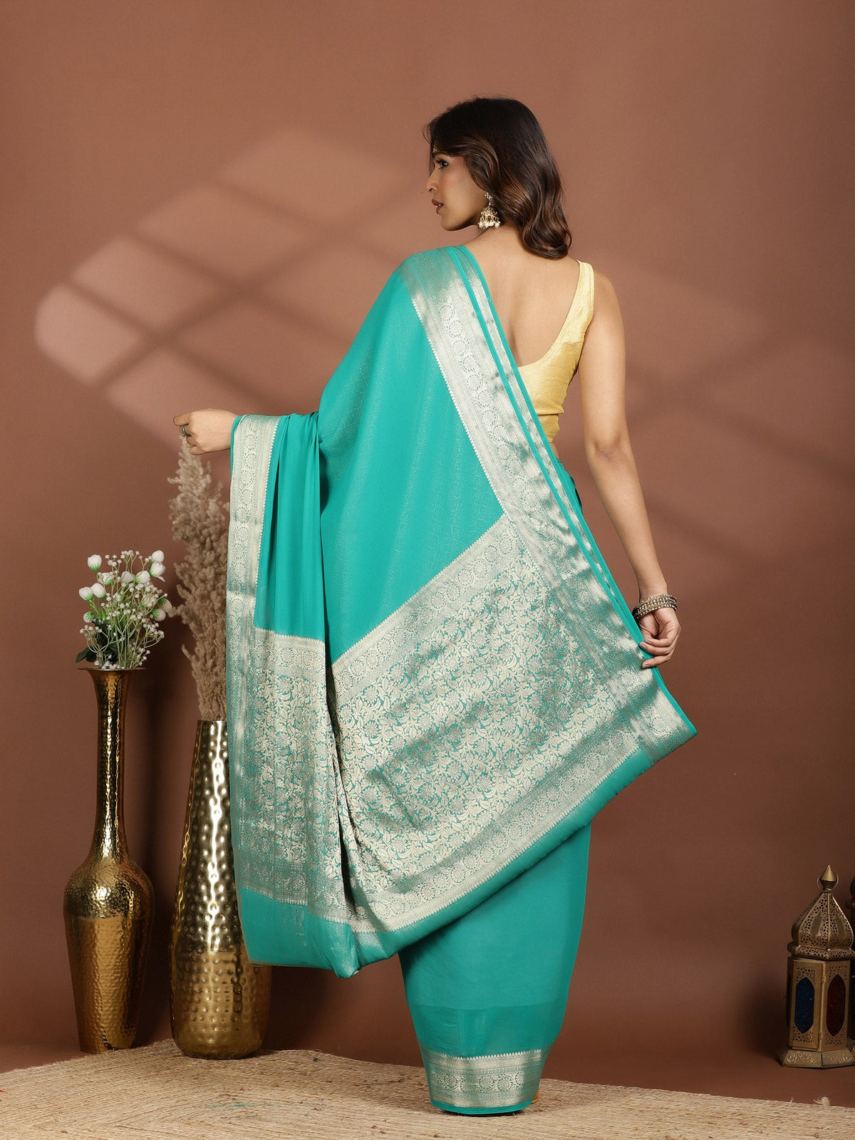 Rama Green Zari Work Chiffon Saree