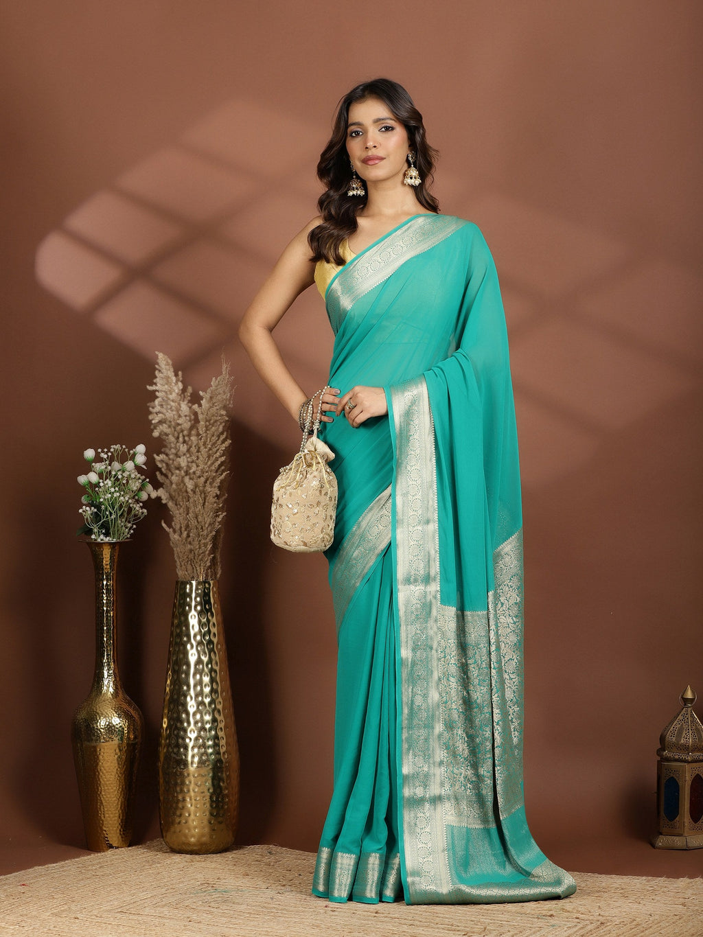 Rama Green Zari Work Chiffon Saree