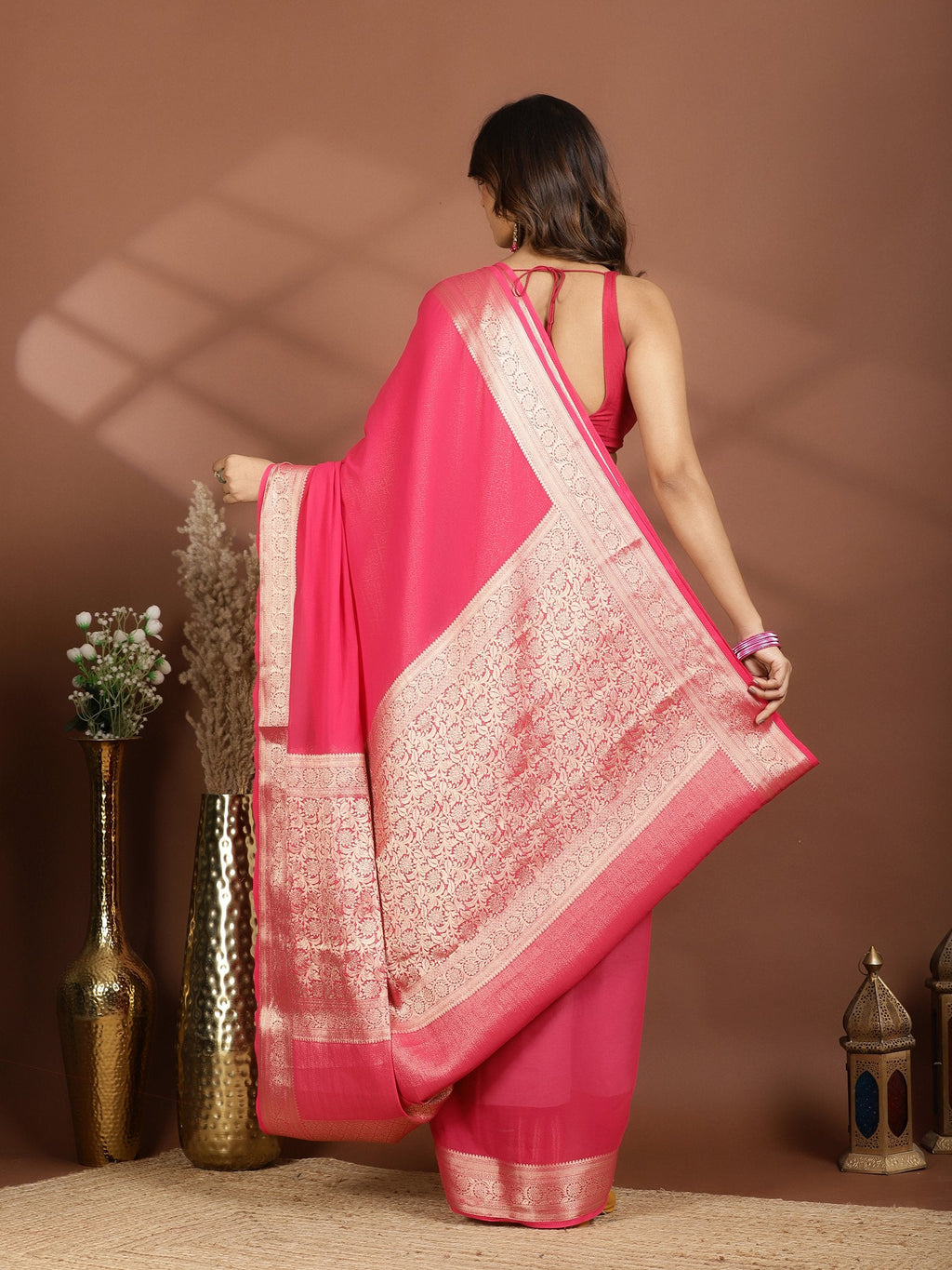 Rani Zari Work Chiffon Saree